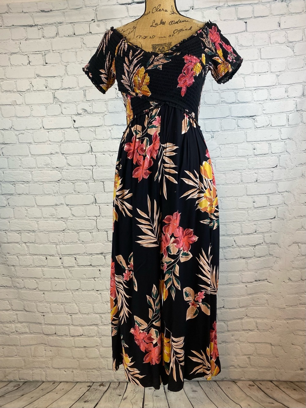 Patrons of Peace Black Floral Elastic Smocked Bodice Jumpsuit
